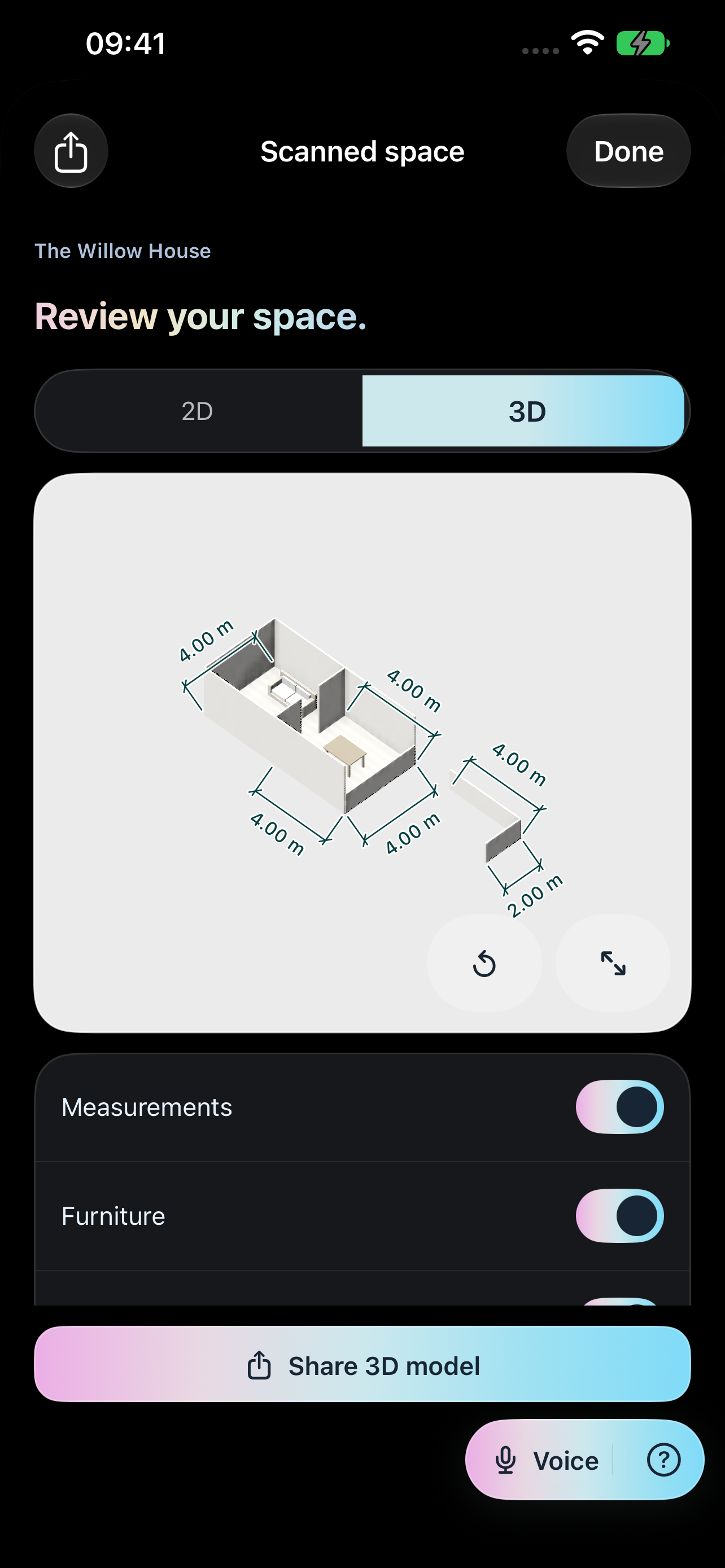 Hans4D 3D model review with dimension labels and measurement controls